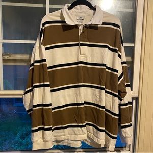 h&m oversized brown and white striped collared long sleeve polo shirt